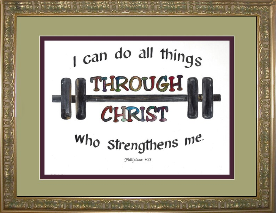 Philippians 4 13 Christ workout Scripture Calligraphy verse with Barbell art.